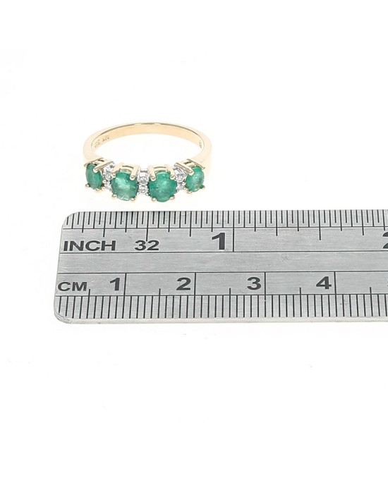 Alternating 3 Row Emerald and Diamond Rooftop Ring in Yellow Gold